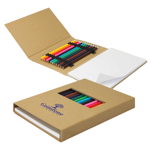 12 full-size coloured pencils and a medium-size note pad with 50 leaves of unlined paper